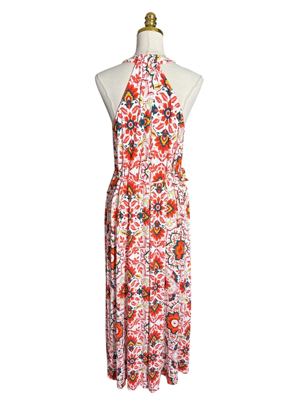 Boden Women Red Tile Print Halter Maxi Dress V-Neck Tie Waist Summer Resort 12R - Picture 6 of 13